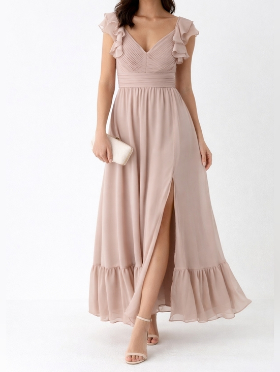 Birdy Grey Dresses & Skirts - Birdy Grey Blush Chiffon Ruffle Strap Dress‎ Midi Maxi Coquette Romantic Small